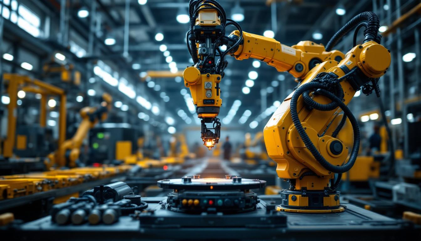 A photograph of an industrial robot in action within a boston manufacturing facility