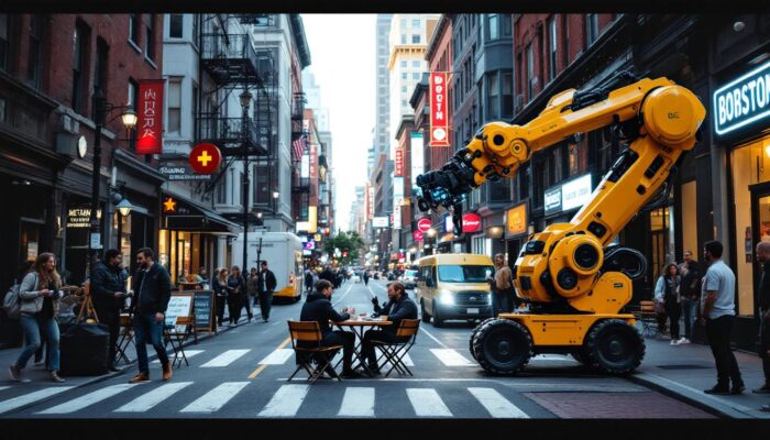 A photograph of a vibrant scene showcasing a bustling boston street with people engaging in various activities