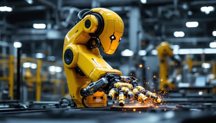 A photograph of a dynamic industrial robot in action
