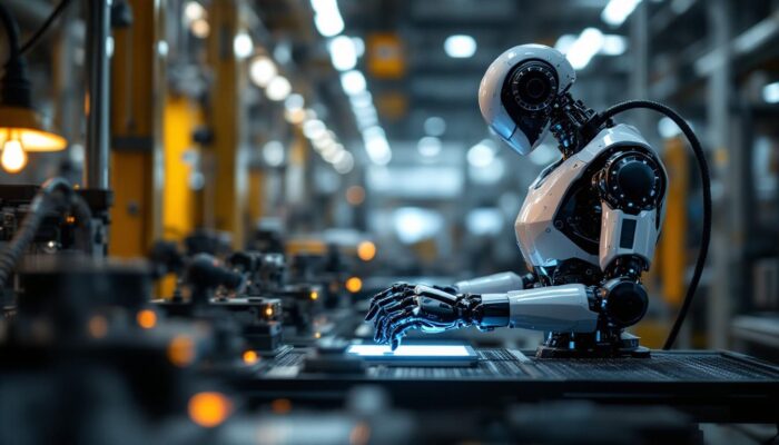 A photograph of a sleek industrial robot in action within a manufacturing setting