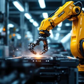 A photograph of a sleek industrial robotic arm in action at a dynamic auto sales facility