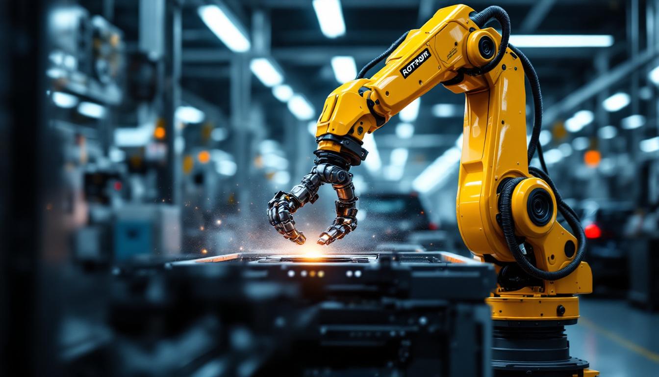 A photograph of a sleek industrial robotic arm in action at a dynamic auto sales facility