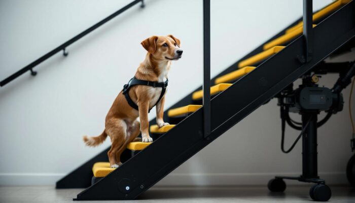 A photograph of a dog confidently using an industrial robotic staircase designed for pets