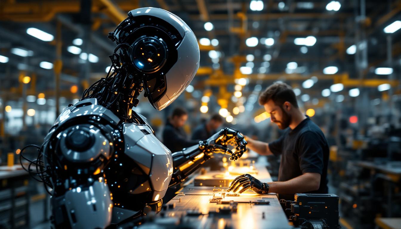 A photograph of a sleek industrial robot in action within a manufacturing setting