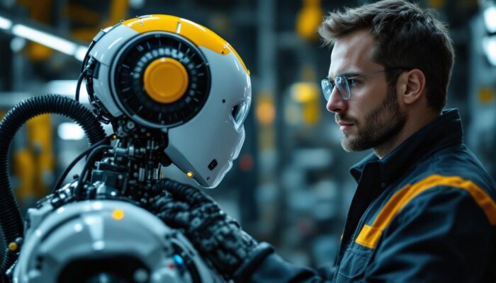 A photograph of a skilled technician performing a rent check inspection on an industrial robot