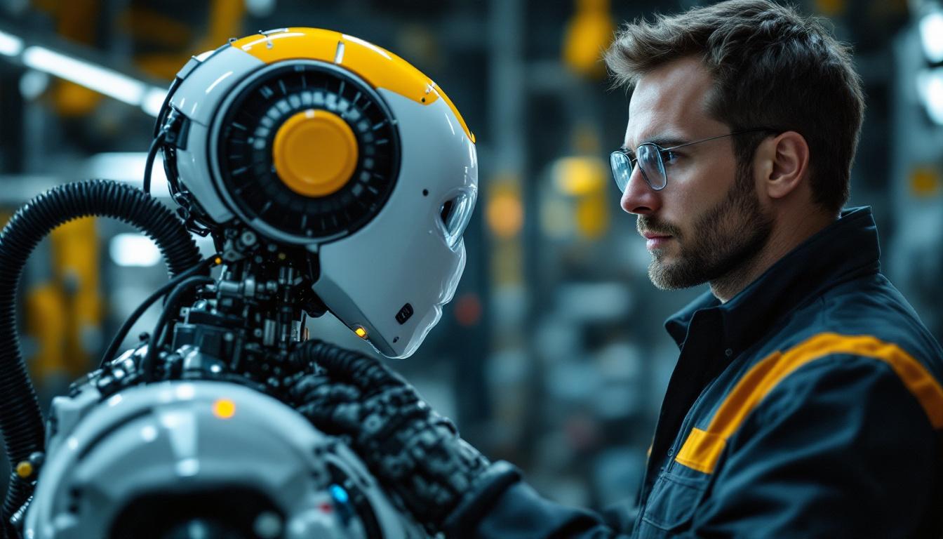 A photograph of a skilled technician performing a rent check inspection on an industrial robot