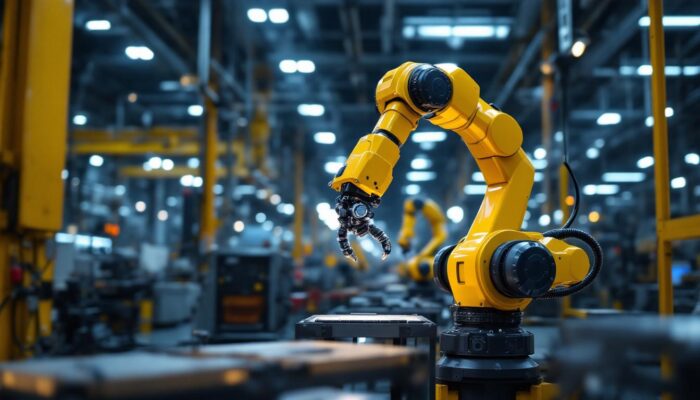 A photograph of a sleek industrial robotic arm in action within a modern manufacturing facility