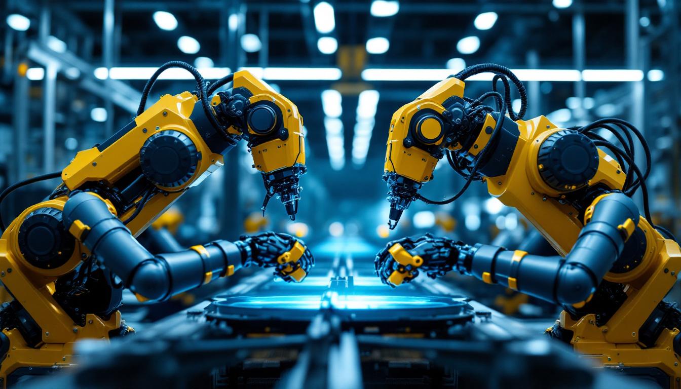 A photograph of capture a photograph of two bmw industrial robots working in tandem on an assembly line