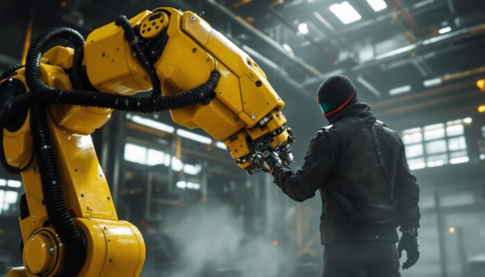 A photograph of a dynamic scene showcasing a player character interacting with an industrial robotic arm in a high-tech environment