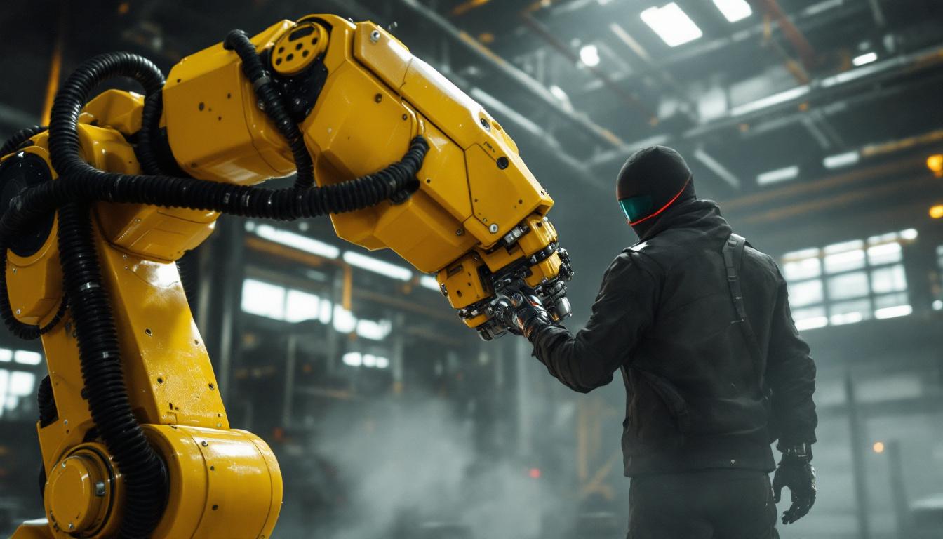 A photograph of a dynamic scene showcasing a player character interacting with an industrial robotic arm in a high-tech environment