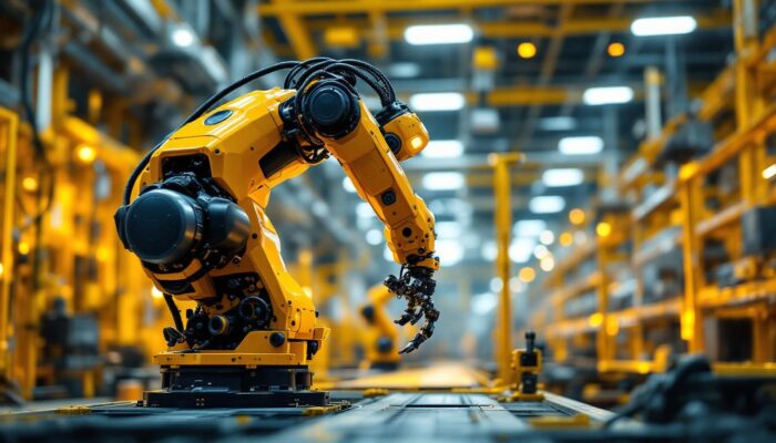 A photograph of a dynamic industrial robot in action within a manufacturing environment