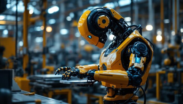 A photograph of a sleek industrial robot in action on a factory floor