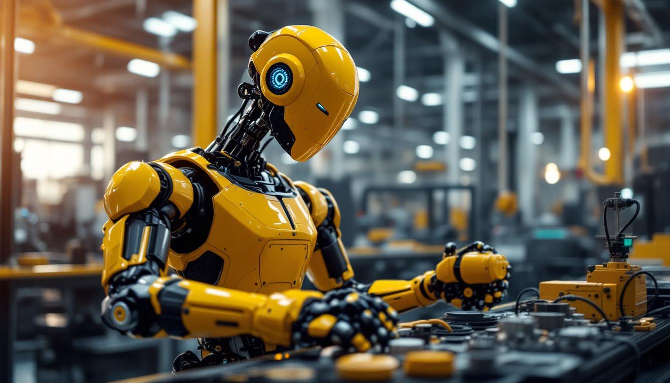 A photograph of a cutting-edge industrial robot in action within a modern manufacturing facility