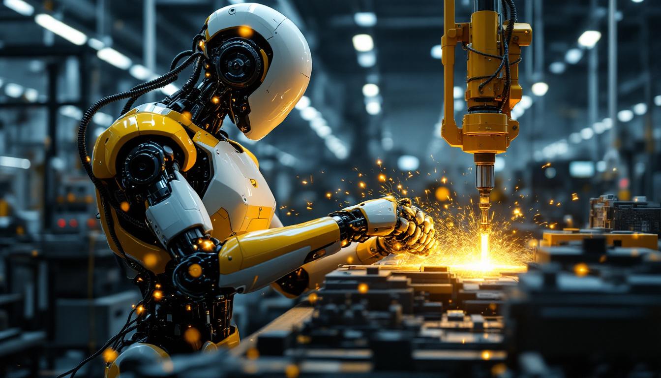 A photograph of a sleek industrial robot in action within a manufacturing environment