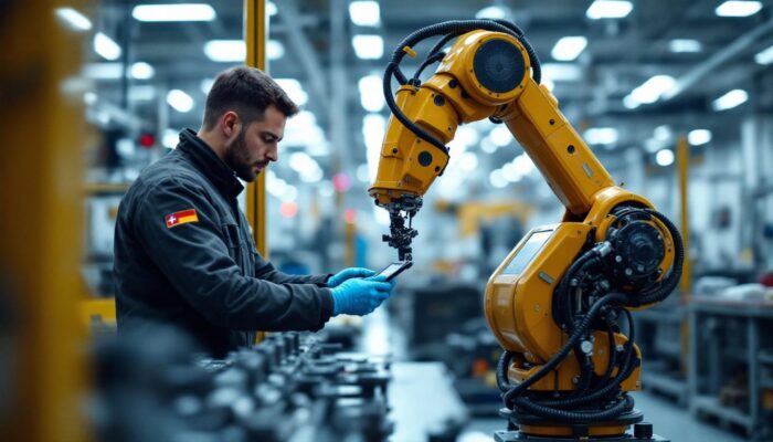 A photograph of a skilled technician programming or operating an industrial robot in a modern boston manufacturing facility