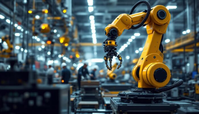 A photograph of a modern industrial robotic arm in action within a manufacturing setting