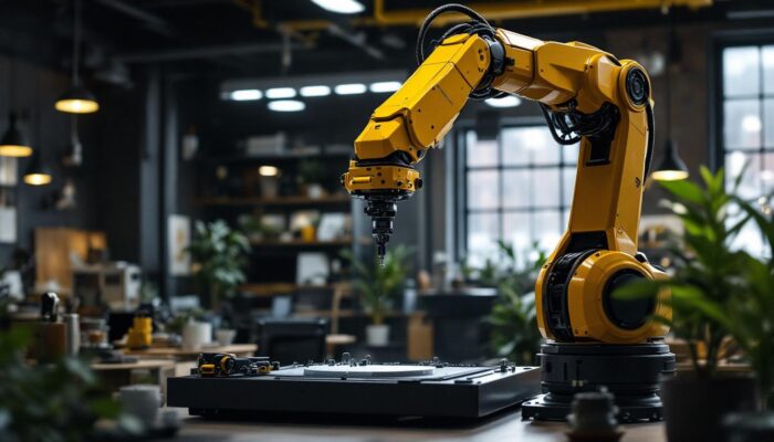 A photograph of a sleek industrial robotic arm in action within a modern boston studio setting