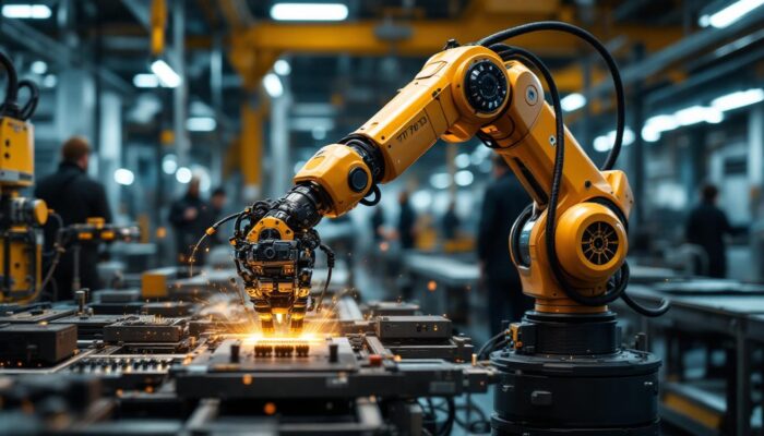 A photograph of a sleek industrial robotic arm in action within a modern manufacturing environment