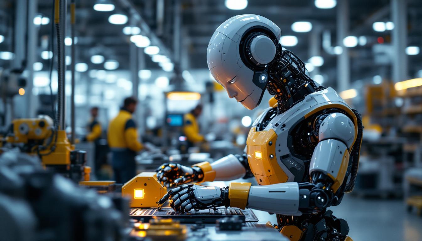 A photograph of a modern industrial robot in action on a factory floor