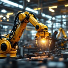 A photograph of a dynamic industrial setting featuring a collaborative robotic arm in action