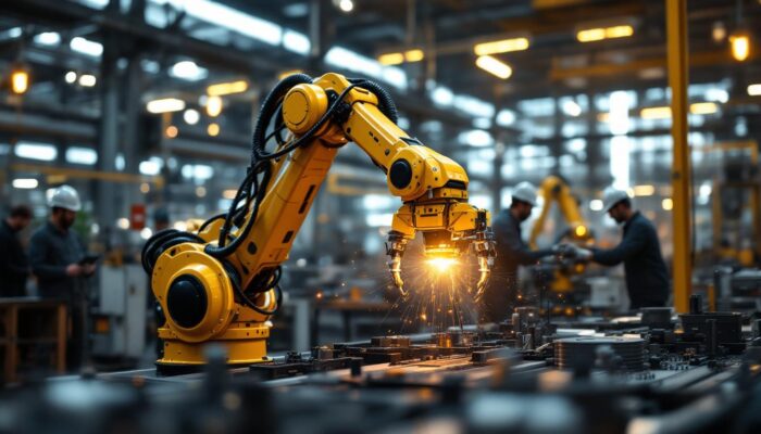 A photograph of a dynamic industrial setting featuring a collaborative robotic arm in action