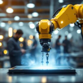 A photograph of a sleek industrial robotic arm in action within a modern san diego manufacturing facility