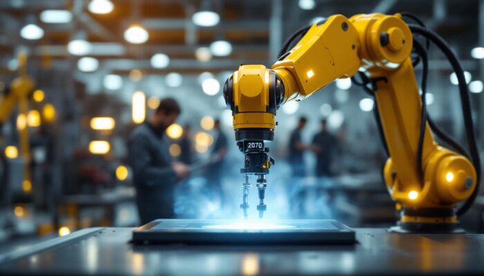 A photograph of a sleek industrial robotic arm in action within a modern san diego manufacturing facility