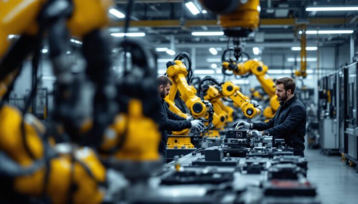 A photograph of a modern industrial robotics lab showcasing various robotic arms in action