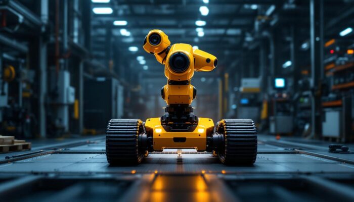 A photograph of a sleek industrial robotic rover in action within a manufacturing environment