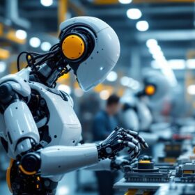 A photograph of a modern industrial robot in action on a factory floor