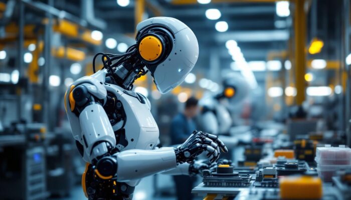 A photograph of a modern industrial robot in action on a factory floor