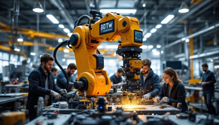 A photograph of a dynamic industrial robotic arm in action within a virginia tech engineering lab