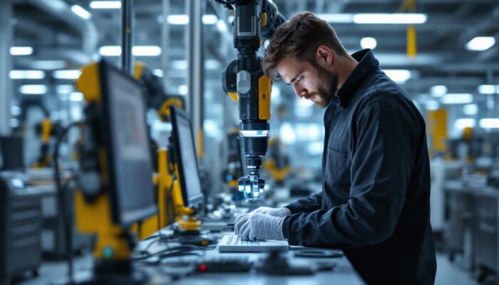 A photograph of a skilled technician working with industrial robotic equipment in a clean