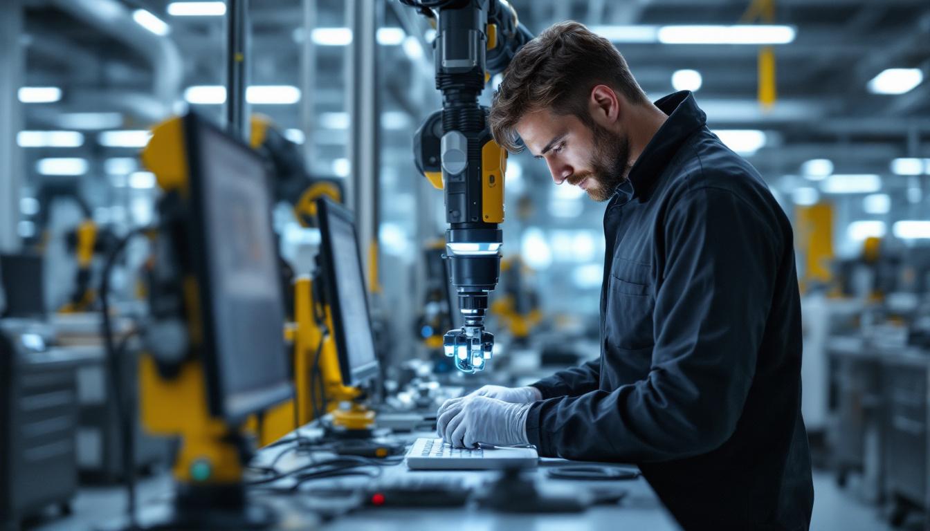 A photograph of a skilled technician working with industrial robotic equipment in a clean
