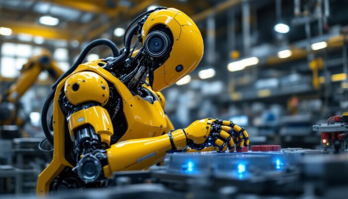 A photograph of a sleek industrial robot in action within a manufacturing environment