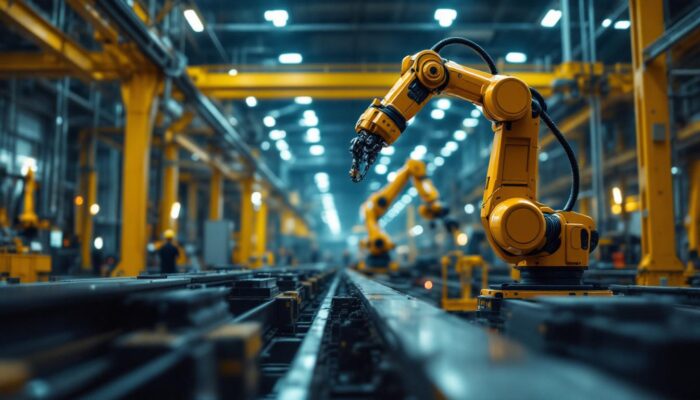 A photograph of a sleek industrial robotic arm in action within a modern manufacturing facility