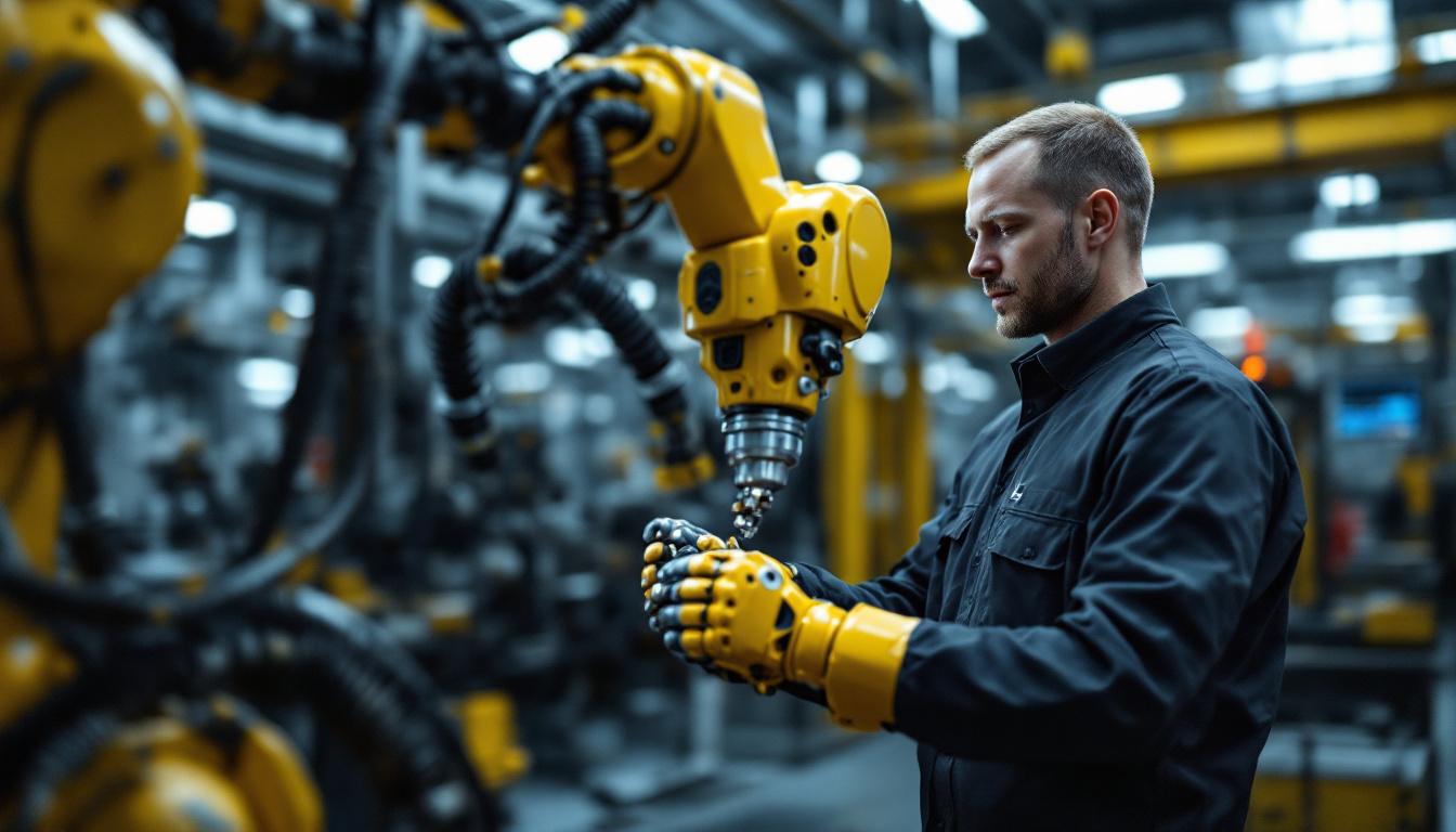 A photograph of a skilled technician interacting with an industrial robotic arm in a modern manufacturing environment