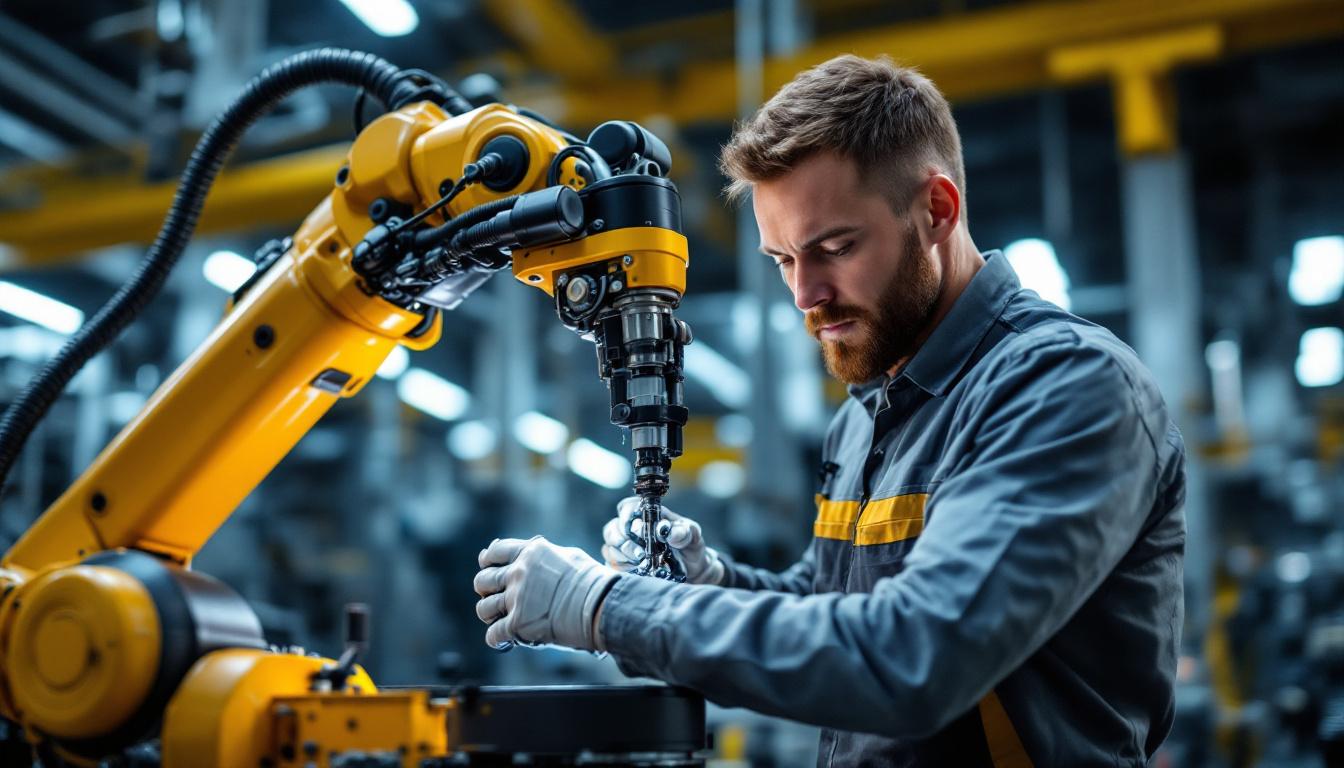 A photograph of a skilled engineer working on an industrial robotic arm in a modern manufacturing setting