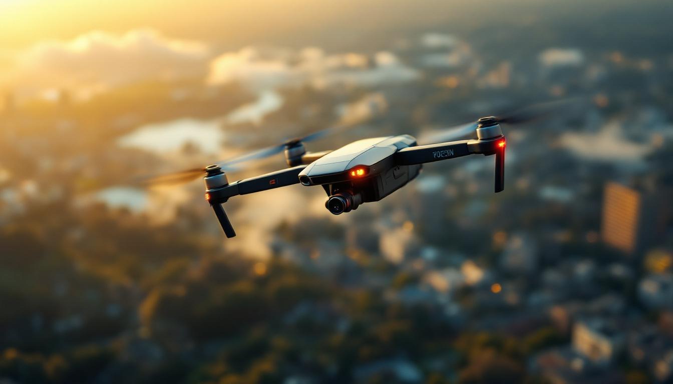 A photograph of a high-tech industrial drone in action