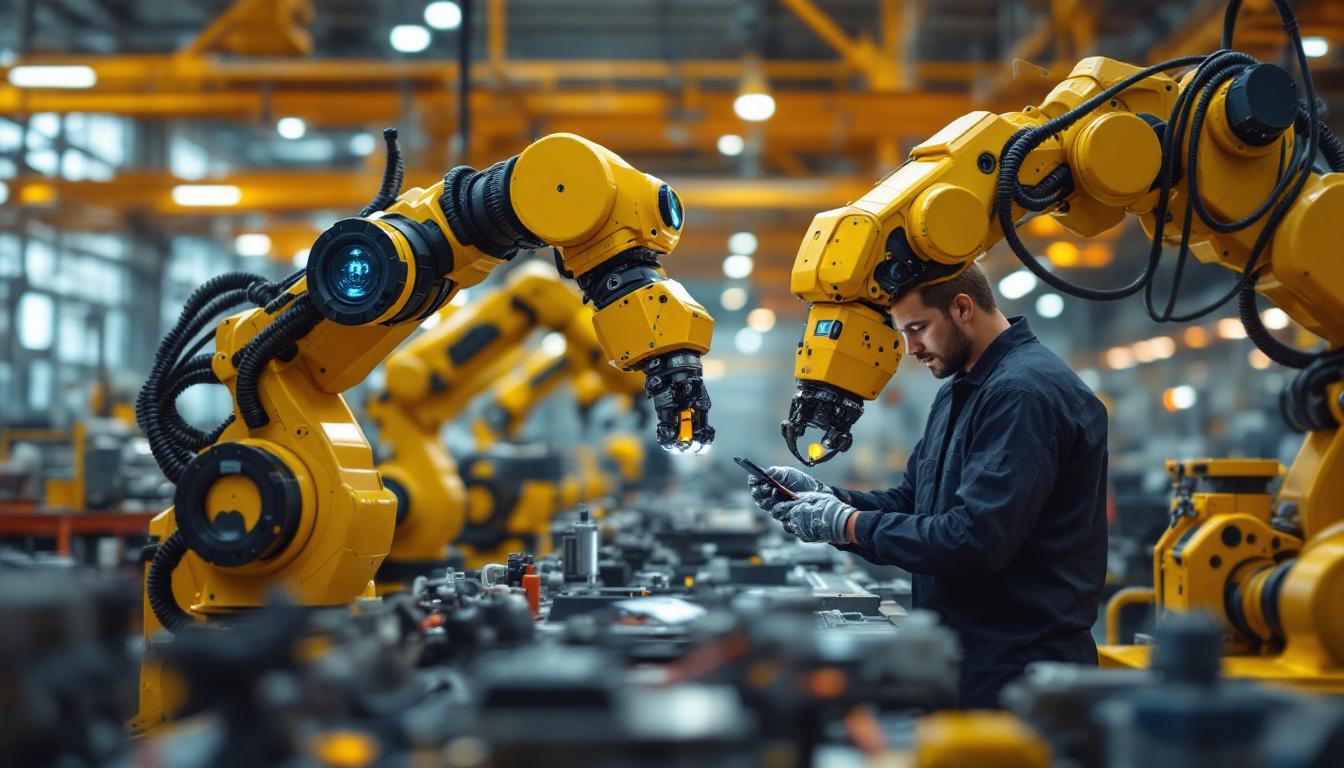 A photograph of a dynamic industrial robotics environment