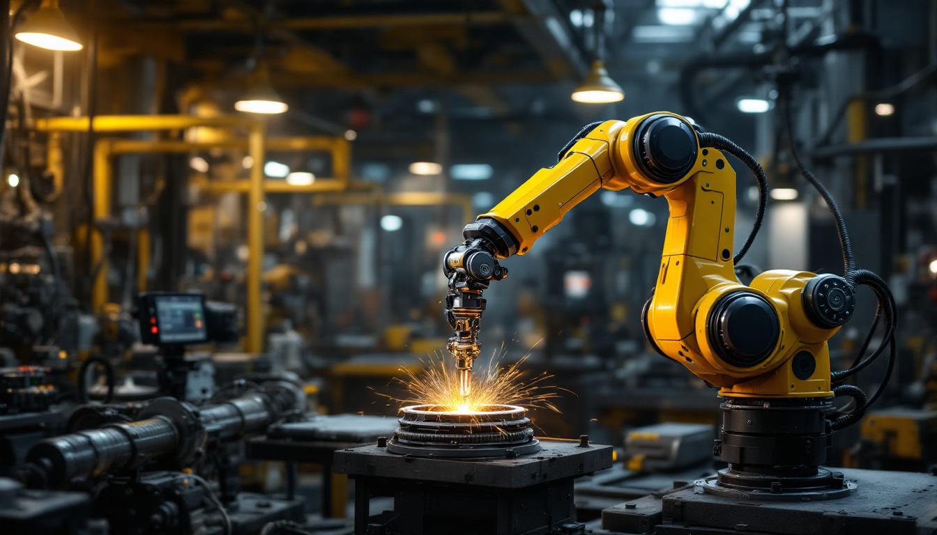 A photograph of a dynamic industrial setting that showcases a robotic arm in action