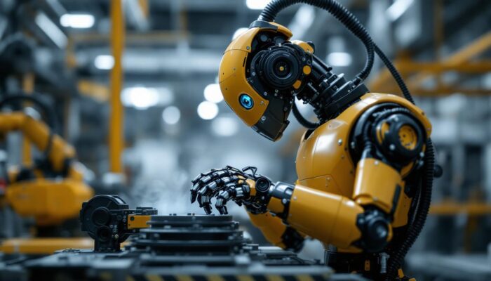 A photograph of a dynamic industrial robot in action within a manufacturing environment