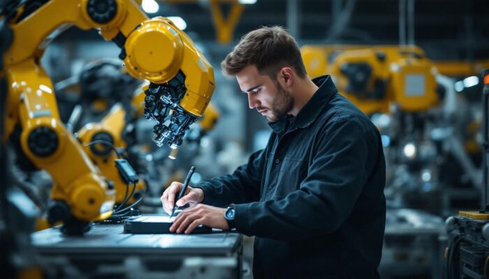 A photograph of a skilled mechanical engineering intern working alongside industrial robots in a modern manufacturing facility