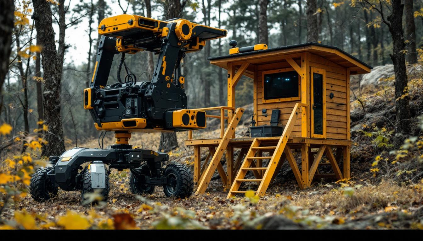 A photograph of a well-constructed diy deer stand in a natural wooded setting