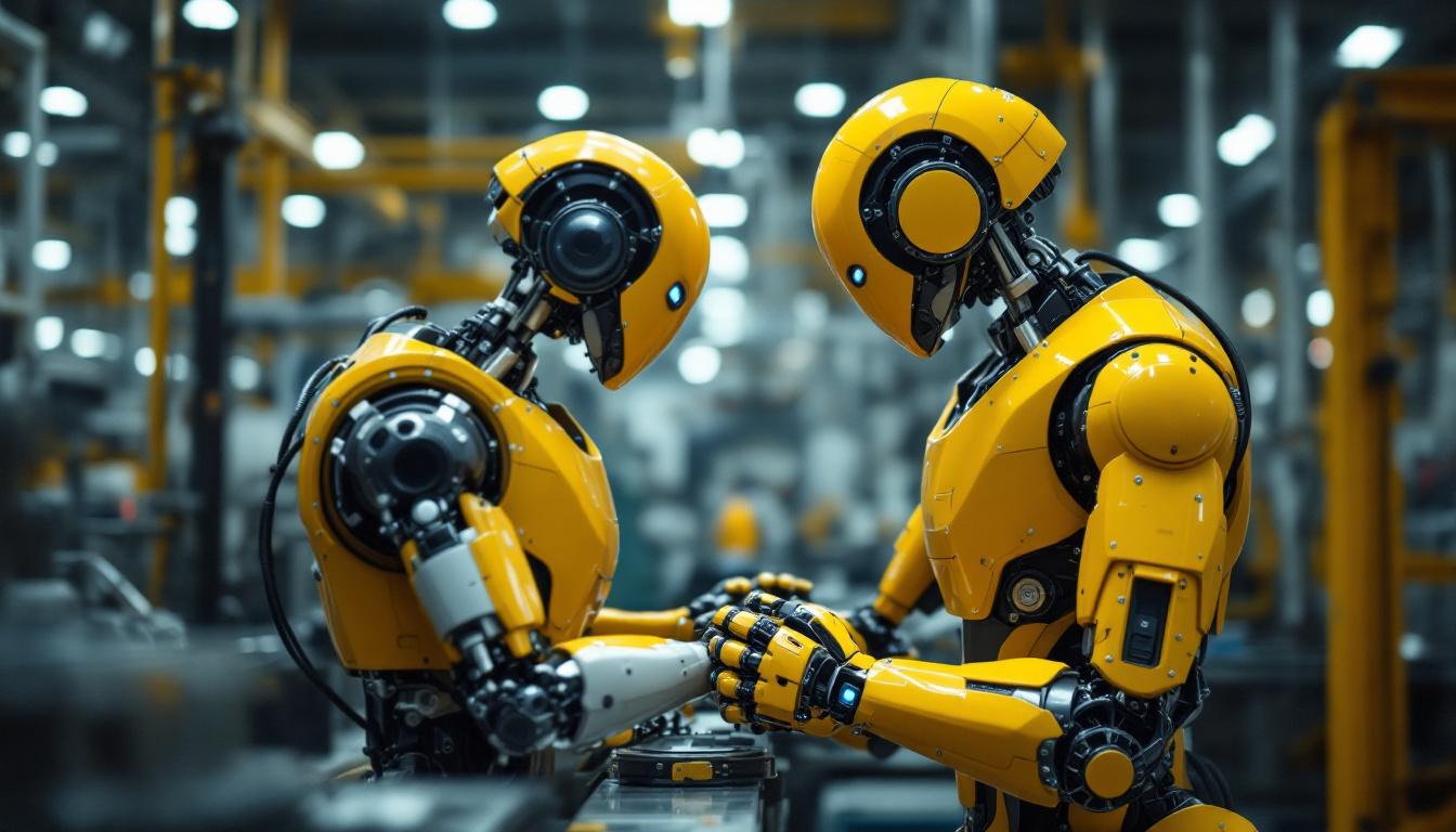 A photograph of a sleek industrial robot in action within a modern manufacturing facility