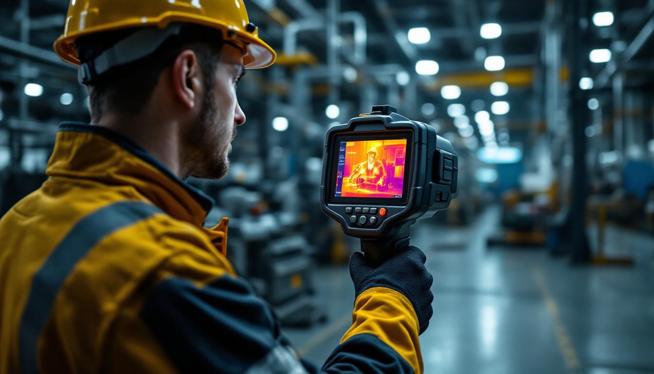 A photograph of a skilled technician using a thermal camera to inspect industrial machinery