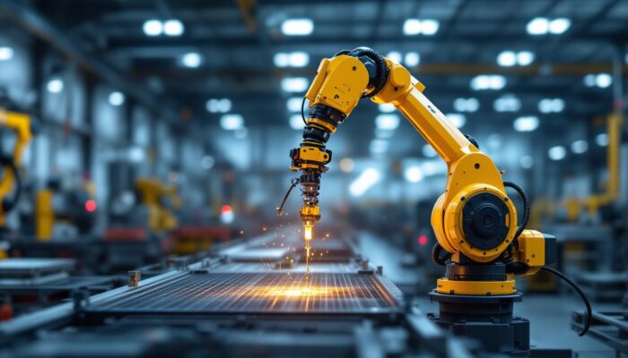 A photograph of a sleek industrial robotic arm in action within a modern houston manufacturing facility