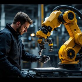 A photograph of a skilled technician operating a 1 guard industrial robotic arm in a manufacturing environment