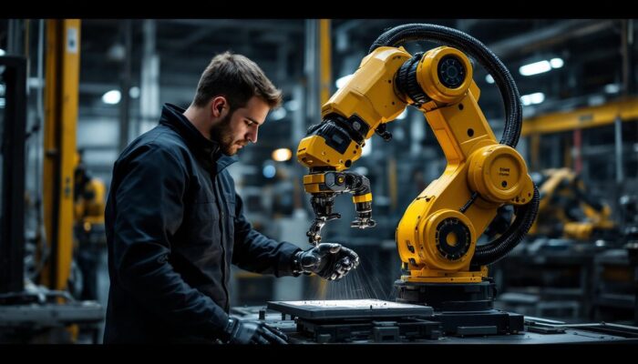 A photograph of a skilled technician operating a 1 guard industrial robotic arm in a manufacturing environment