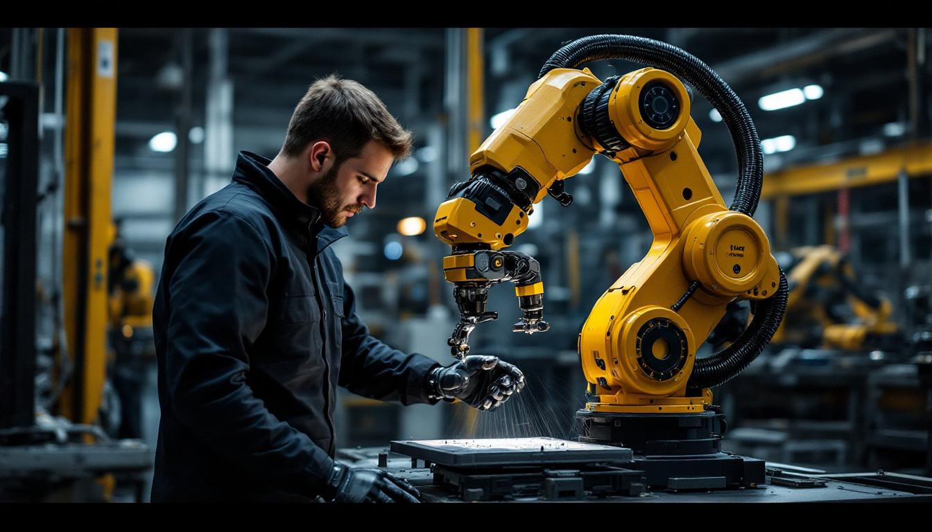 A photograph of a skilled technician operating a 1 guard industrial robotic arm in a manufacturing environment